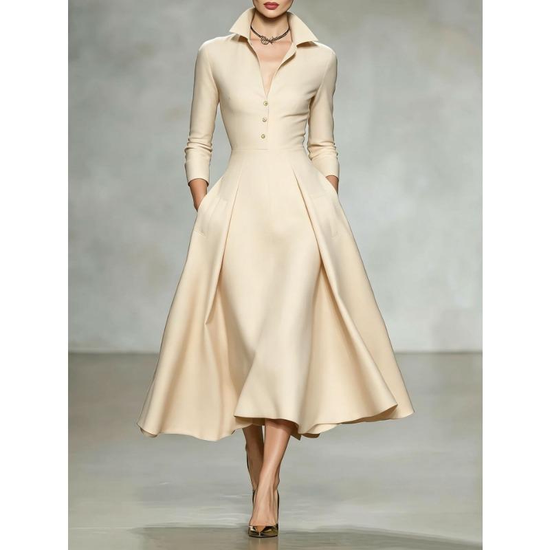 Damen Mode Elegant Taille Enger Umlegekragen Langarm Midi Freizeitkleid