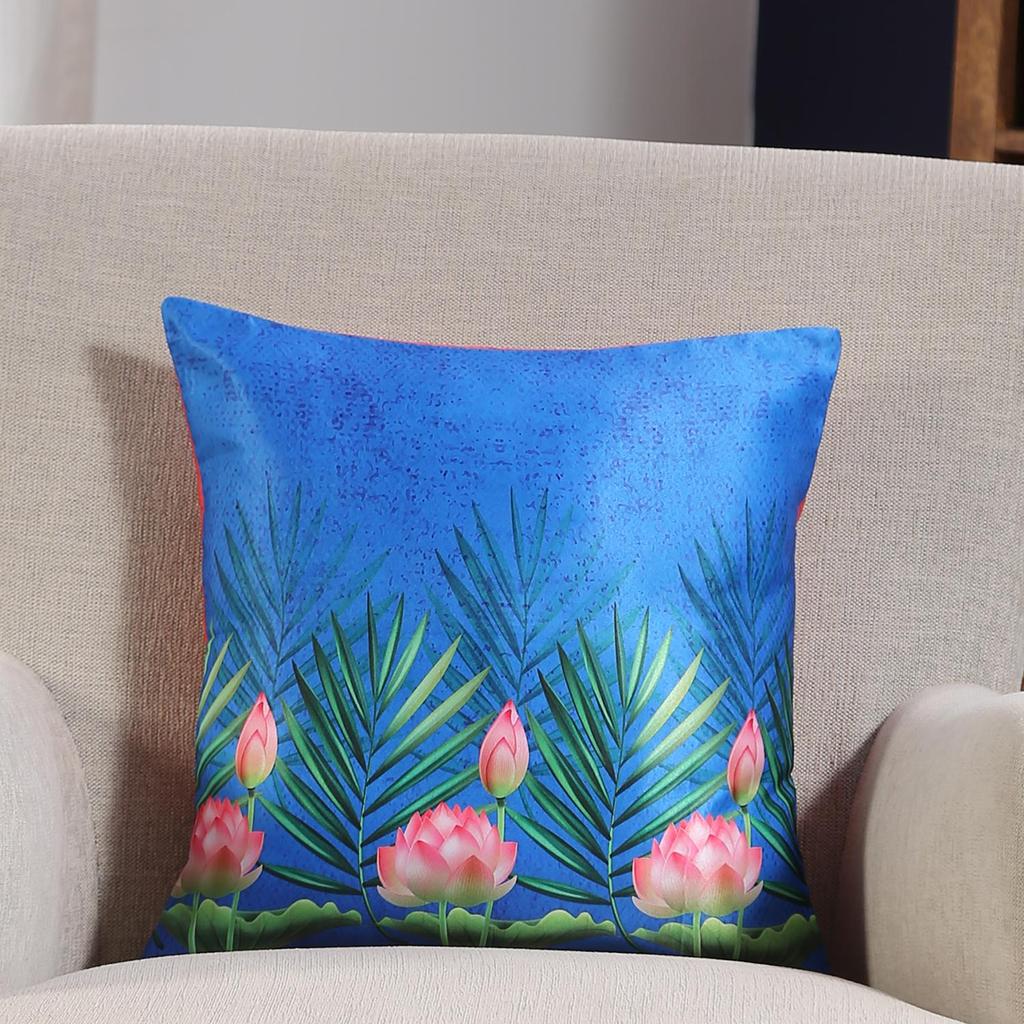 KOKO MAISON INC Indian Lotus Polystain Cushion Cover | Flap Closure | Digital Printed