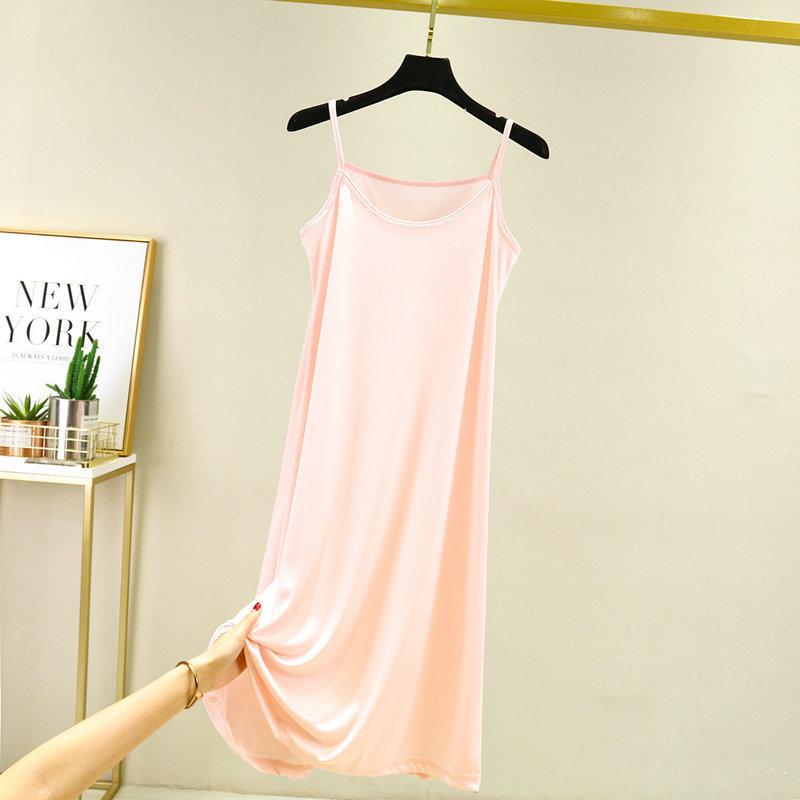 Women's summer simulated silk thin large size solid color nightdress thin sleeveless pregnant women's belly cover dress can be worn outside