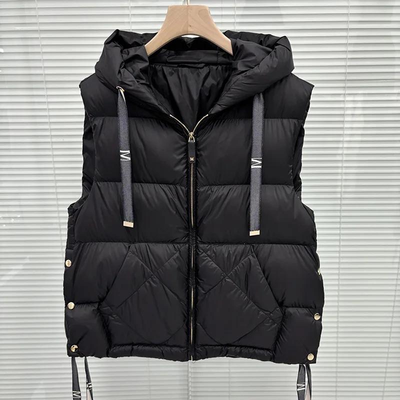 Schinteon Women 90% White Duck Down Vest with Hood Casual Sleeveless Jacket Simple Solid Color Fashionable Autumn Winter