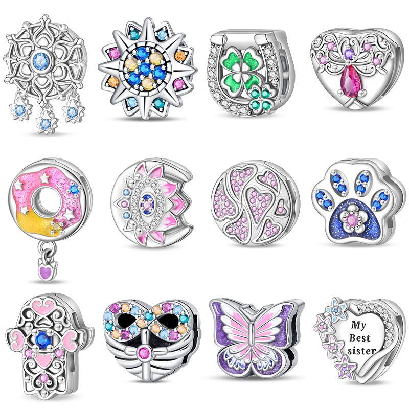 925 Silver Double Lucky Clover Guardian Lotus Flat Beads Fit Qikaola 925 Bracelets Fine DIY Jewelry For Women