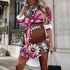 Women Plus Size White Printed Collared Long Sleeve Button Front Curved Hem Shirt Dress
