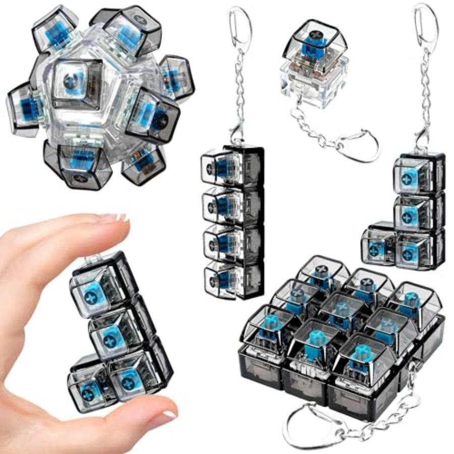 5 Pack Keyboard Fidget Keychain Toy For Adult To Stress Relief, 5-Style Keyboard Decompression Button Finger Clicker Toys, Cube