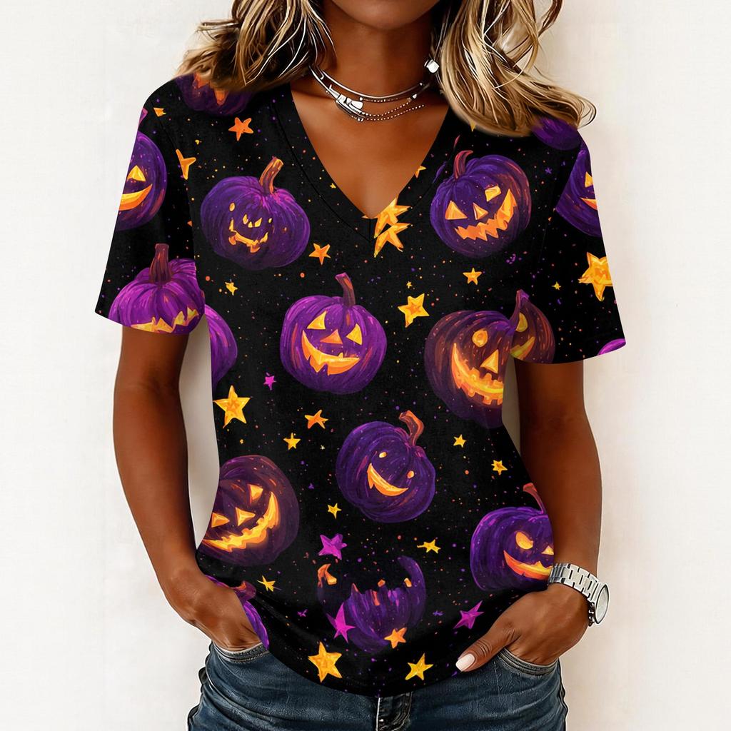 Womens Casual Halloween Print V Neck Pullover Top Short Sleeve Lightweight Shirt for Fall Seasonal Wear