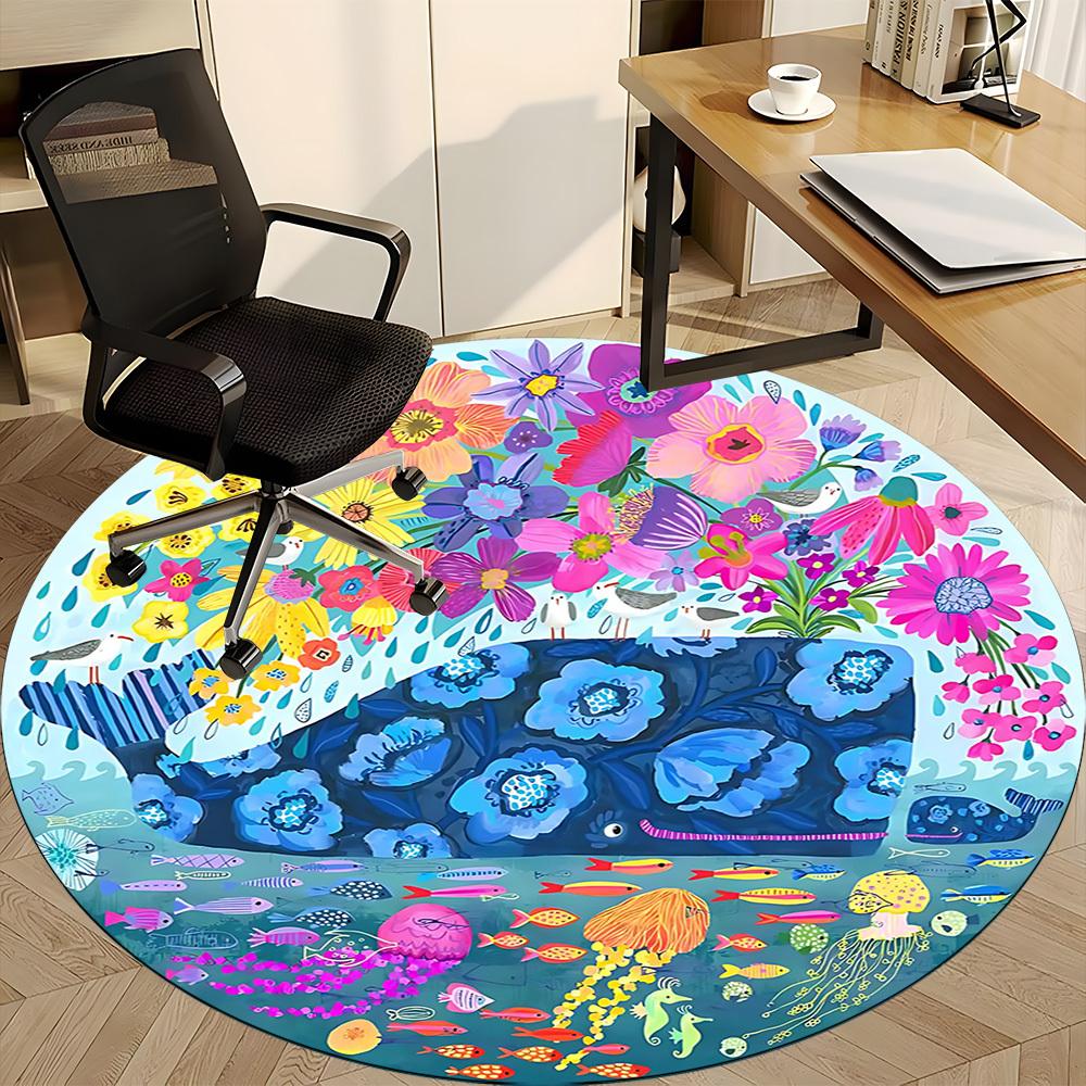1PC Whale Flowers Office Round Area Rug, Indoor Mat Suitable ForOffice, Under Office Chairs Bedroom Living Room Home Decor, Room Deco, D092