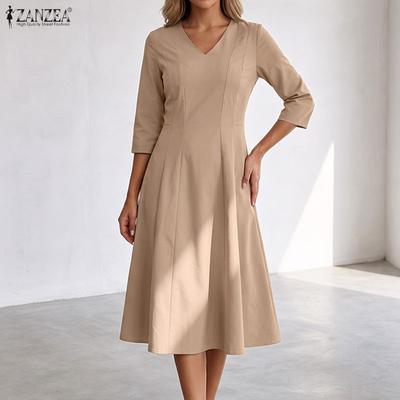 Women Casual V-neck Half Sleeve Slim Waist A-line Dress