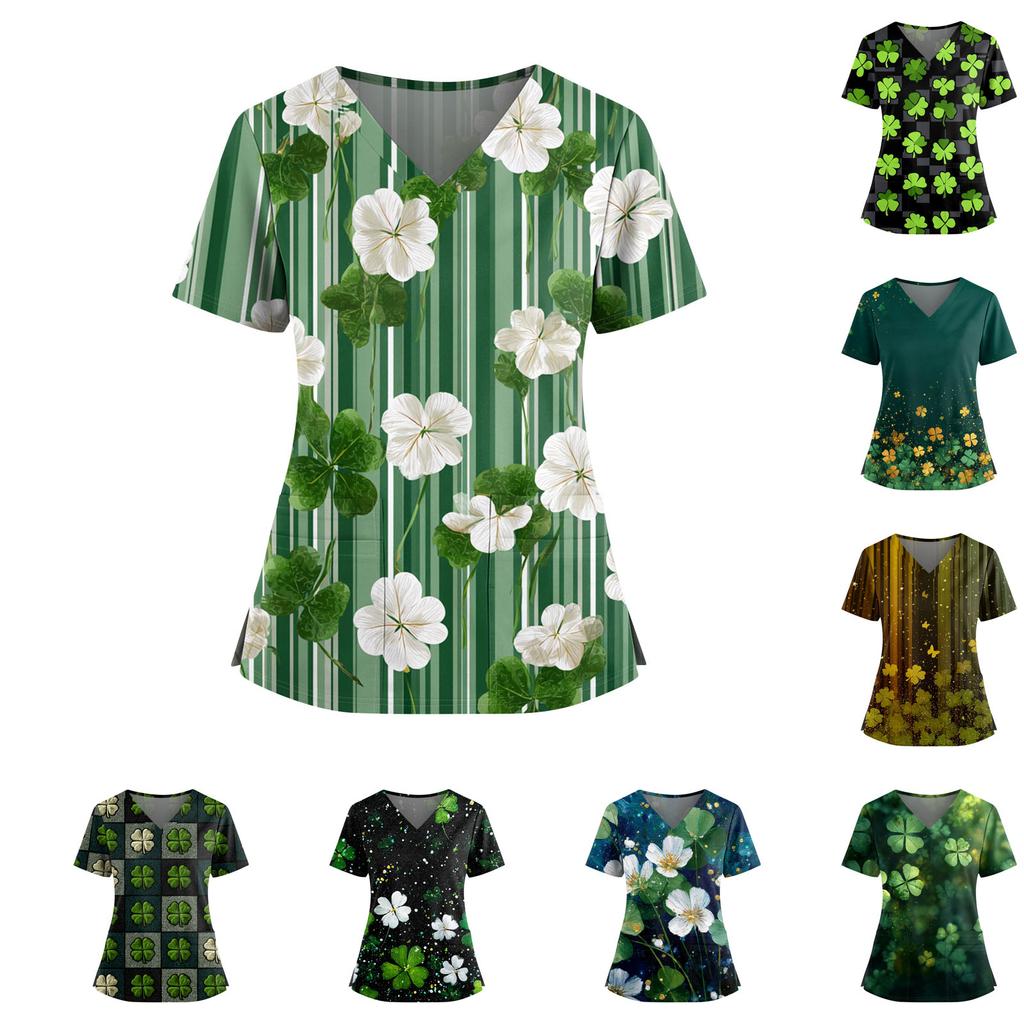 Frauen St. St. Patrick's Day Druck V-Ausschnitt Doppeltasche Kurzarm Uniform Oberteil mit geschlitztem Saum
