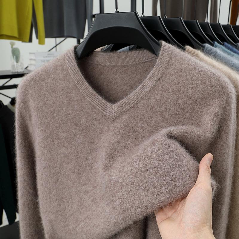 High-End Cashmere Thick V-Neck Wool Sweater for Men: Middle-Aged & Young, Warm Knitted Pullover