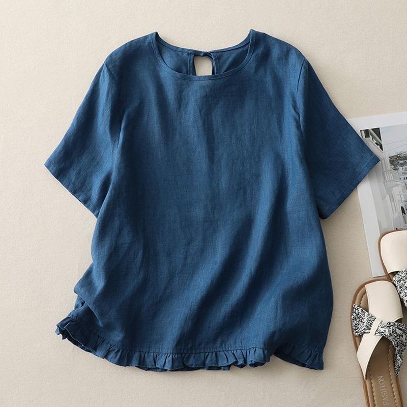 Top casual da donna in misto lino con bordo a balze, girocollo, manica corta, tinta unita, vestibilità ampia