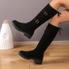 Fashion Metal Buckle Decoration Knee Boots Women  Autumn Sexy Solid Black Slip On Boots Lace Up Bowknot Medium Heel Booties