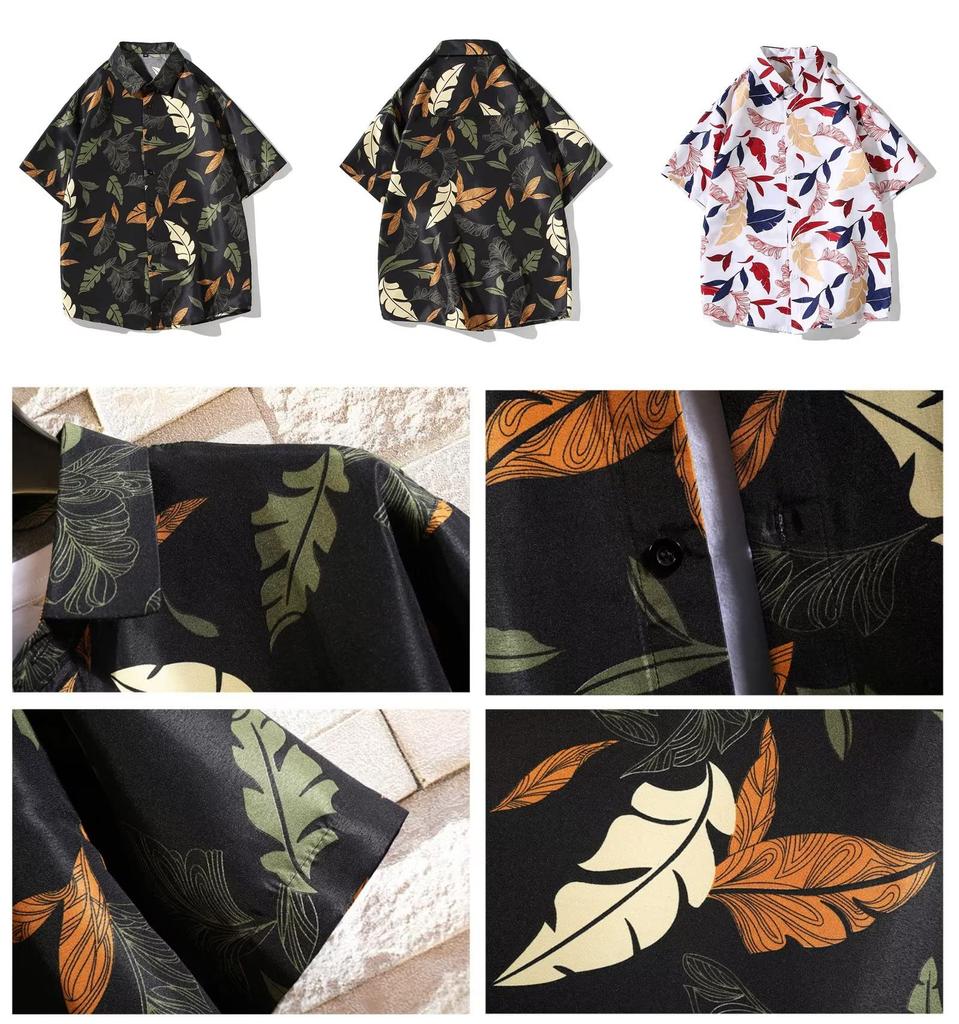 Trysimple Casual Aloha Summer Short Sleeve Shirt with Leaf Open Half and Design Men's Shirt, Print, Collar, Sleeves, Figure-Flattering (3XL, Black)