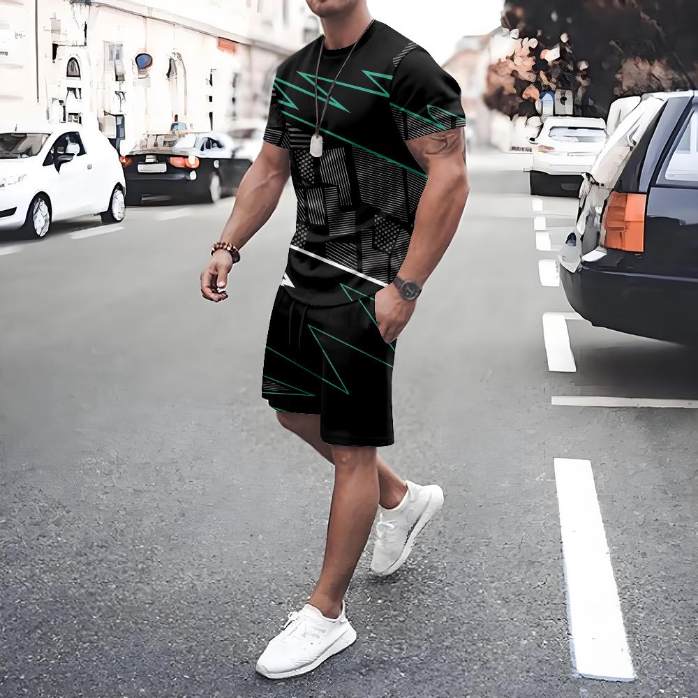 Plus Size Men's T-shirt Shorts 2-piece Set Men's Drawstring Side Pocket Shorts Sports Short Sleeve Tee Summer New Men's Clothing