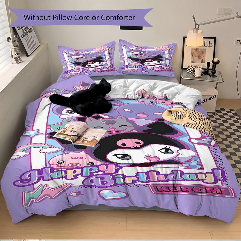 3pcs Kuromi's Birthday Celebration Quilt Set Cartoon Themed Bed Quilt Set Lovely Character Bedroom Decor Bed Quilt Set Four Seasons (1 Cover + 2P