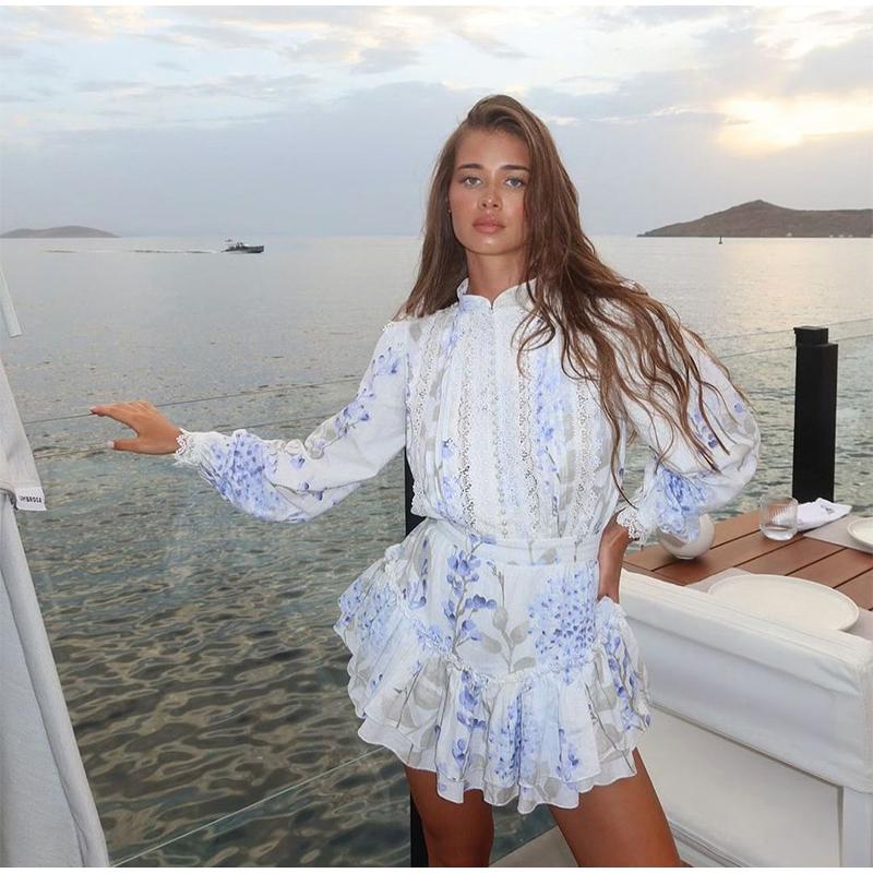 Ladies' Printed Stand Up Collar Bubble Sleeve Long Sleeved Ruffle Edge Short Skirt Casual Slim Fit Dress Blue Print Summer New Collection Waist Dress