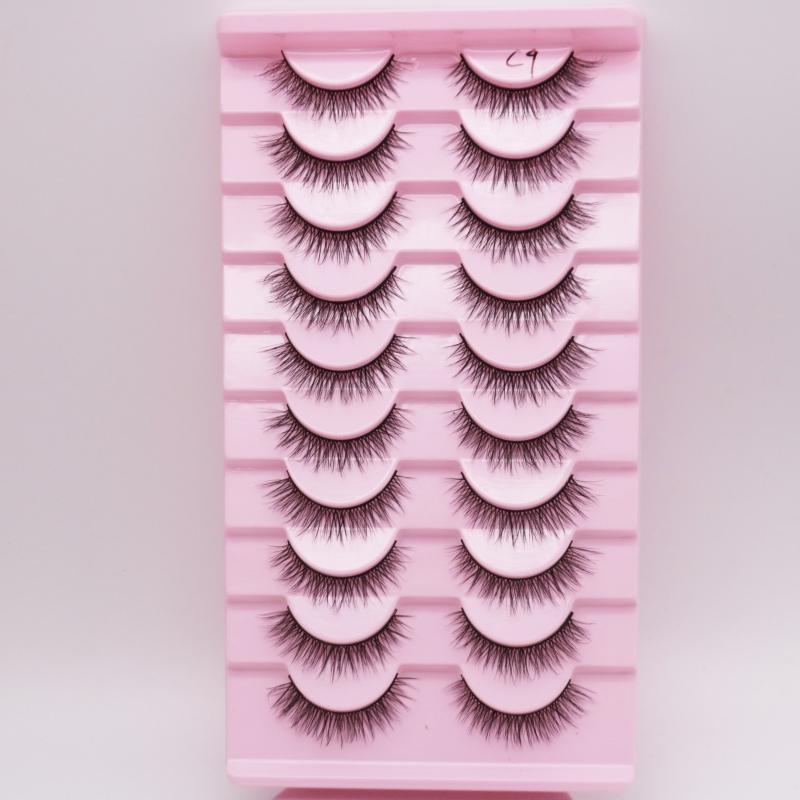 Low Price Glitter Lashes Natural Fluffy Half Lashes Faux Mink Korean Pbt Fiber 10 Pairs 12mm Mink Eyelashes