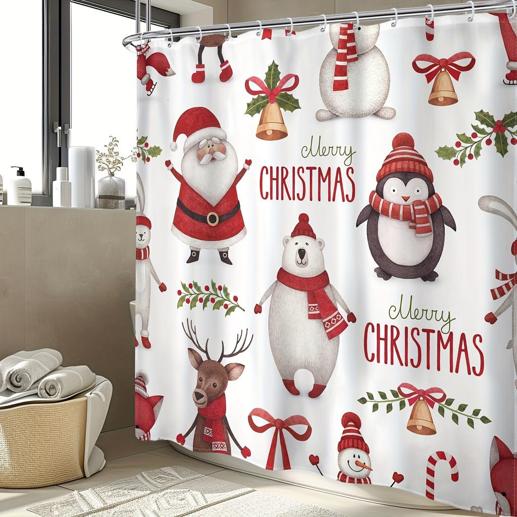 Pink Christmas Shower Curtain Snowman Christmas Tree New Year Gift Polyester Fabric Home Bath Curtains Bathroom Decor With Hooks