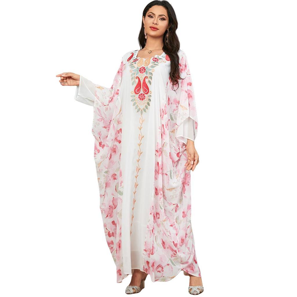 Muslim Women's Embroidered Dubai Robe: Digital Print, Color Block Batwing Sleeve Dress