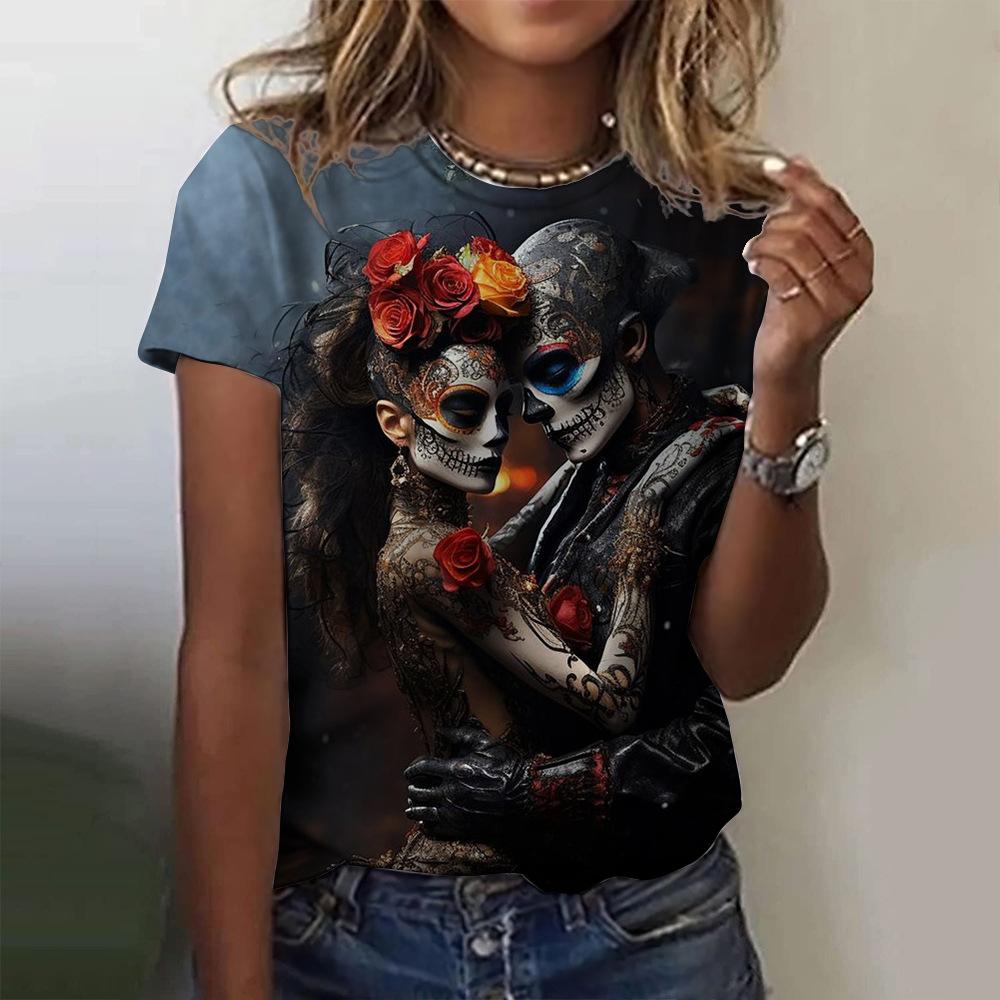 Summer Round Neck 3D Skull Print Top Fashionable Casual Short Sleeved Women's T-shirts