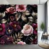 1pc Velvety Peonies & Dark Foliage Shower Curtain - Magenta, Pink, Purple, White Flowers on Black, Polyester, Stylish Bath Decor