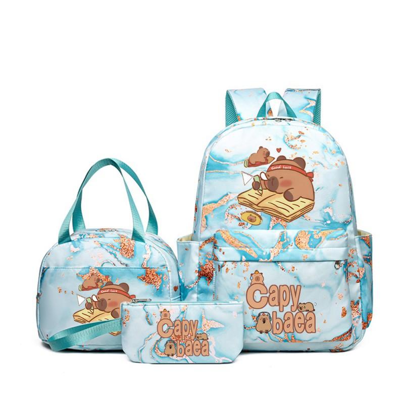 Capybara Cartoon Kids School Backpack Set With Pencil Case Lunch Bag - Large Capacity Breathable Waterproof Oxford Fabric
