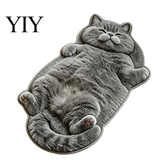 Easy to Clean Bedroom Rug Cozy Cat Shaped Floor Rug, Plush Cartoon Area Mat, Soft Whimsical Pet Themed Cover Crystal Velvet Decorative for Bedside And
