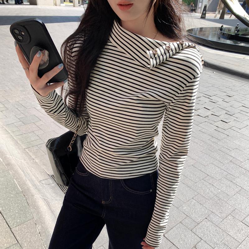 Korean High-End Lapel Striped Women's Winter 2025 T-Shirt