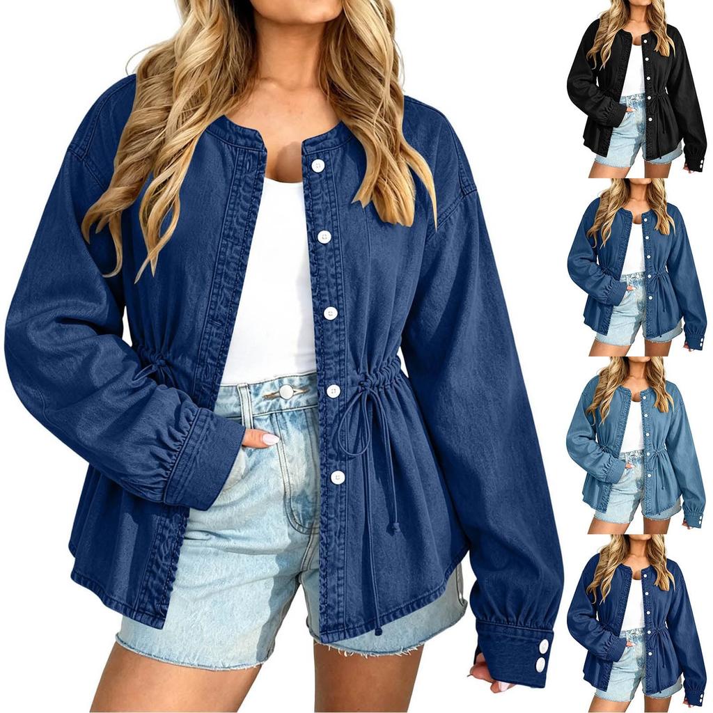 Giacca di Jeans da Donna a Vestibilità Larga con Maniche Lunghe, Cintura in Vita e Chiusura a Bottoni Frontale