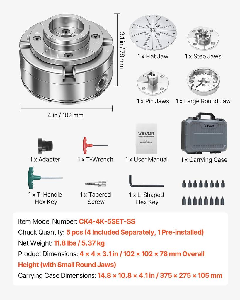 4 Inch Wood Lathe Chuck, 4-Jaw, Self-Centering Wood Turning Chuck Set with 1" x 8TPI Thread & Adapter, 5 PCS Jaws Round/Flat/Step/Pin, Carry Case,