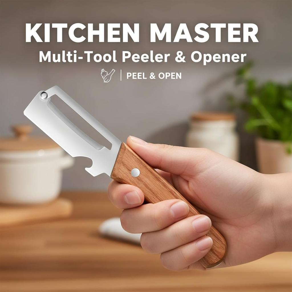 Multifunctional Vegetable Peeler with Wooden Handle and Bottle Opener, 2-in-1 Stainless Steel Blade, Camping, Apple Potato Pumpkin Papaya Peeling