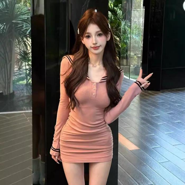 Pure Desire Sexy Navy Collar Long-sleeved Dress Women's Early Spring New Waist and Thin Bottom Hip Skirt