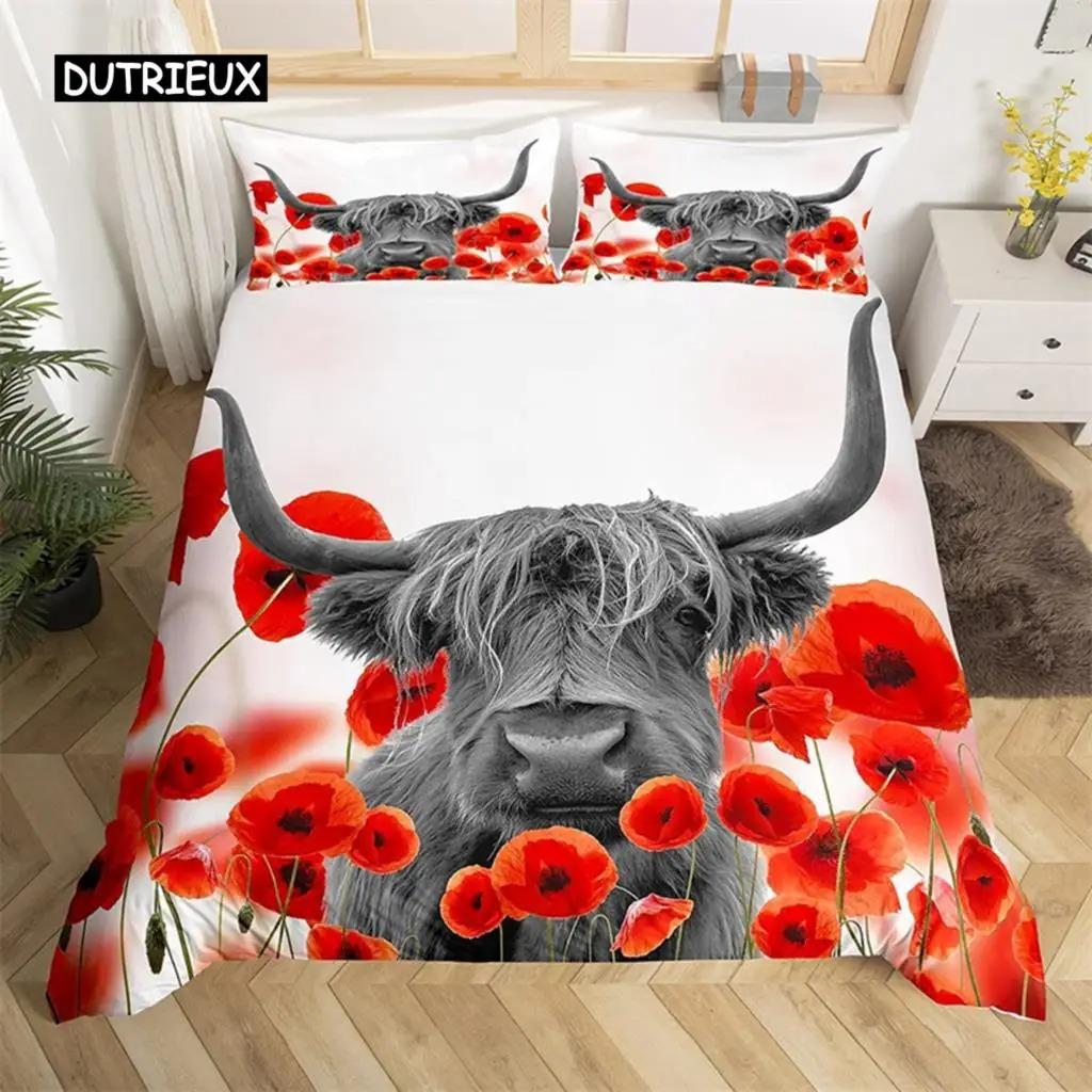 Highland İnek Yatak Takımı Polyester Boğa Sığır Çiçekleri Yorgan Kılıfı Batı Vahşi Hayvan Yorgan Kılıfı Çiftlik Evi İnek Yatak Örtüsü Kılıfı