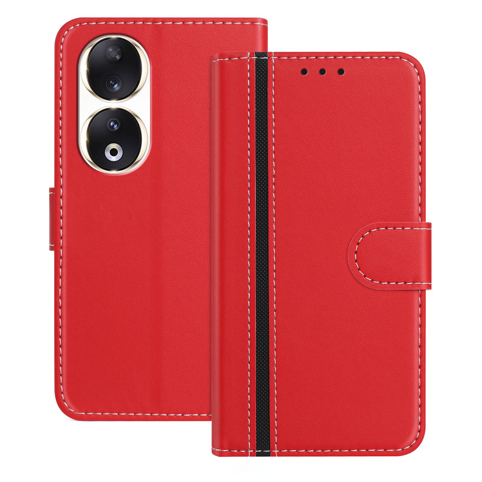 

For Honor 90 Phone Cases Wallet Stand Color Splicing Leather Cover with Magnetic Clasp Red