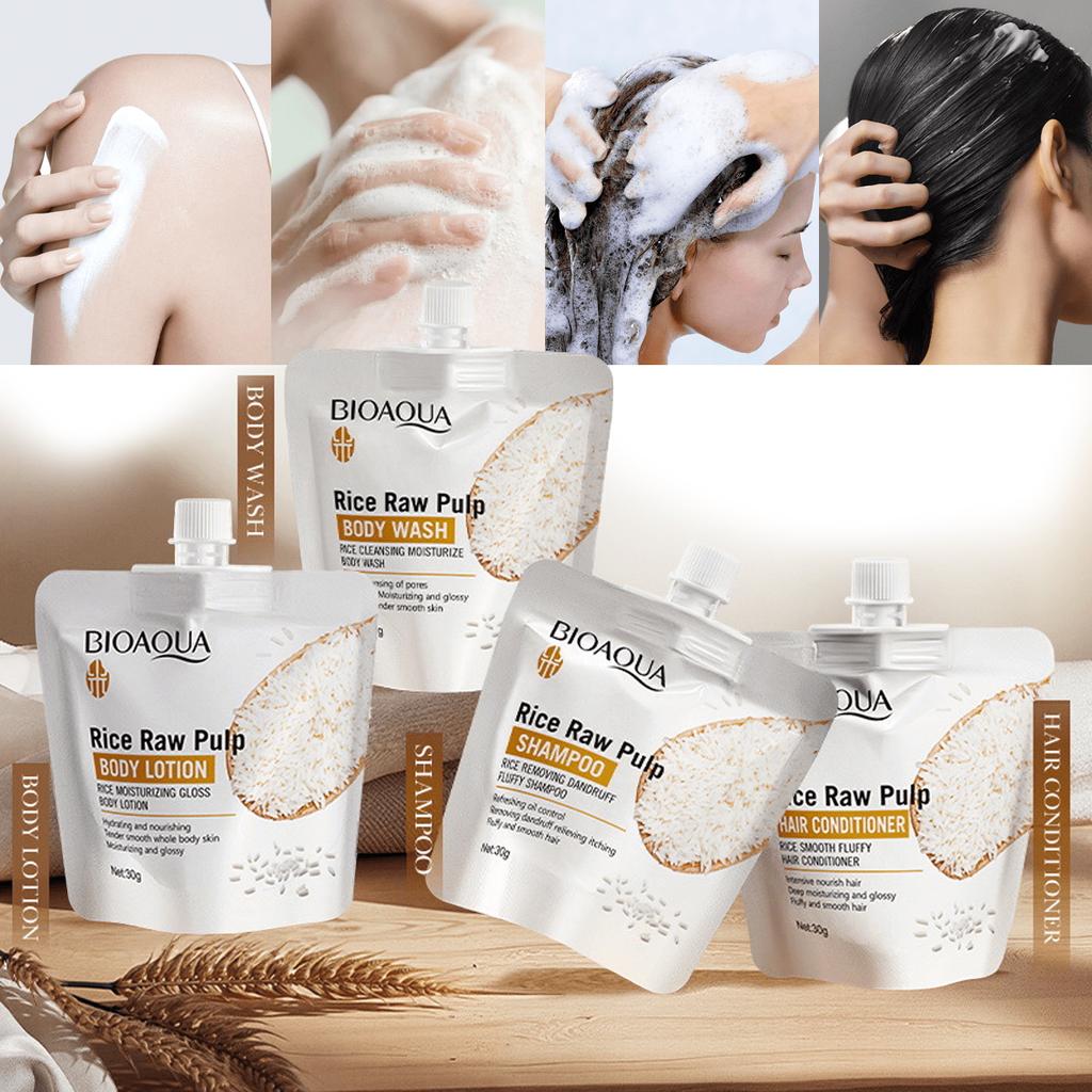 Kroppstvätt/schampo/balsam/bodylotion med rispuré rengör och återfuktar och avlägsnar djupt smuts från huden