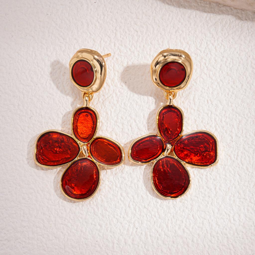 European and American retro oil dripping irregular pleated flower silver needle earrings autumn and winter medieval simple New Year red earrings