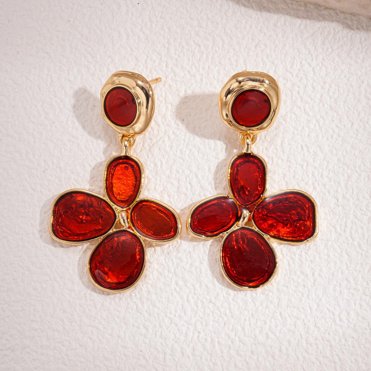 European and American retro oil dripping irregular pleated flower silver needle earrings autumn and winter medieval simple New Year red earrings