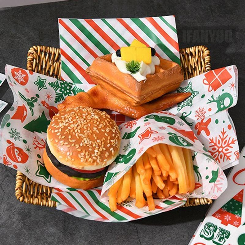 100Pcs Christmas Theme Paper Liners Sandwich Wrapping Paper 8Style Wax Paper Sheets For BBQ Picnic Festival Party Fast Food Tool