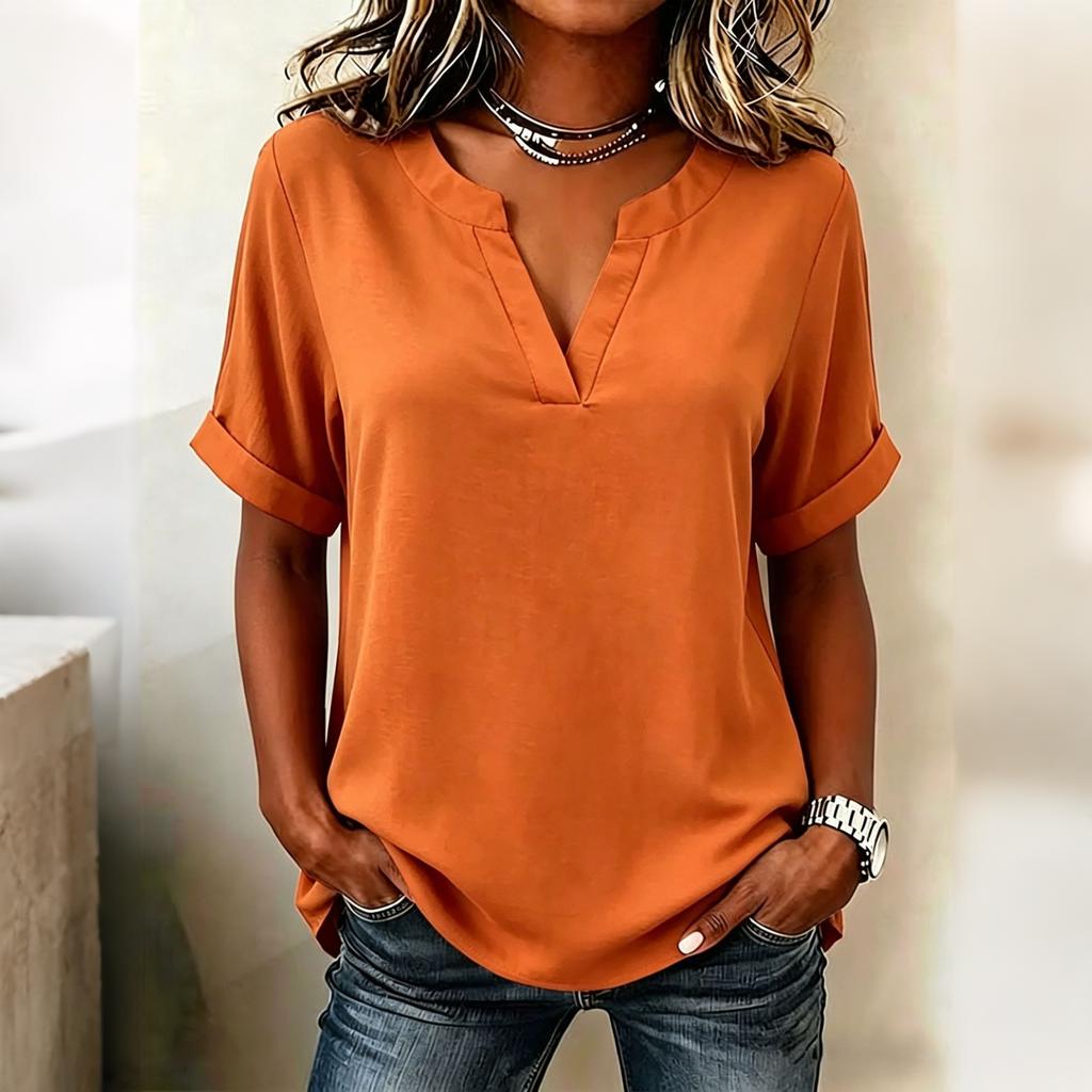 Damen V-Ausschnitt Kurzarm T-Shirt Lässiger Lockerer Sitz Fünf-Punkt-Ärmel Bluse Leichtes Weiches Stoff Oberteil für den Alltag