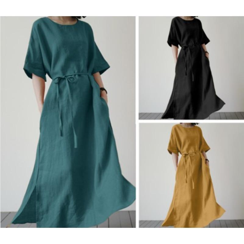 Sommerkleid mit Schlitz unten, elegantes, kurzärmeliges, lässiges Gürtelkleid für Damen