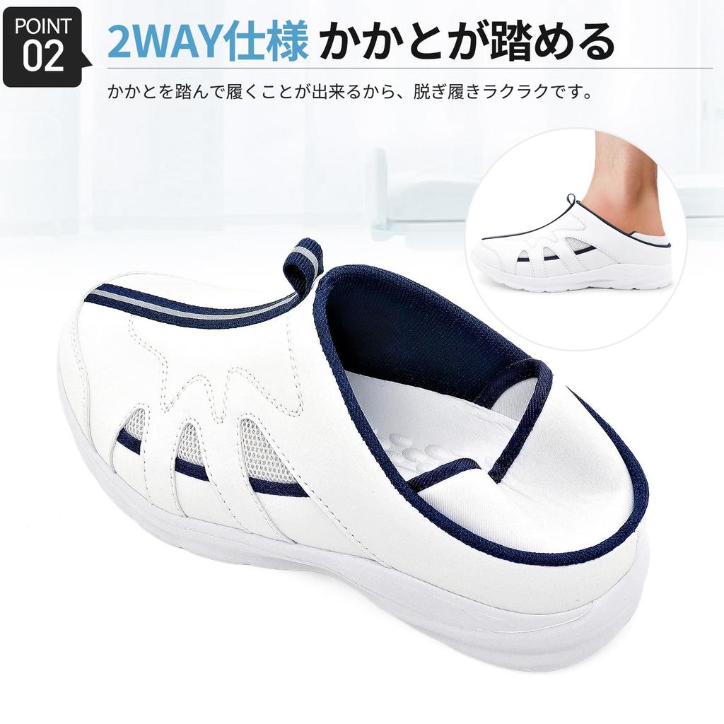La BEAUTE Women's White Nurse Shoes, Comfortable, 2-Way, Ultra Lightweight, Wide 3E, Suitable for Nursing, White/Blue, Size 24.0