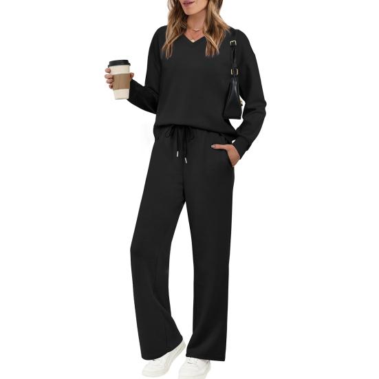 Tenues deux pièces pour femmes Décontractées Automne Tenues d'intérieur Sweatshirts Manches longues Col en V Pantalons larges Ensembles assortis