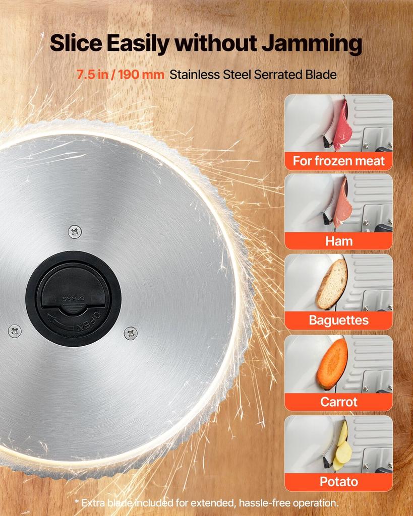 Meat Slicer, 200W Electric Deli Slicer Machine with 190 Mm Sharp Blade, Home Meat-Slicer with 70-100 RPM Slicing Speed, 0-15 Mm Adjustable Thickness,