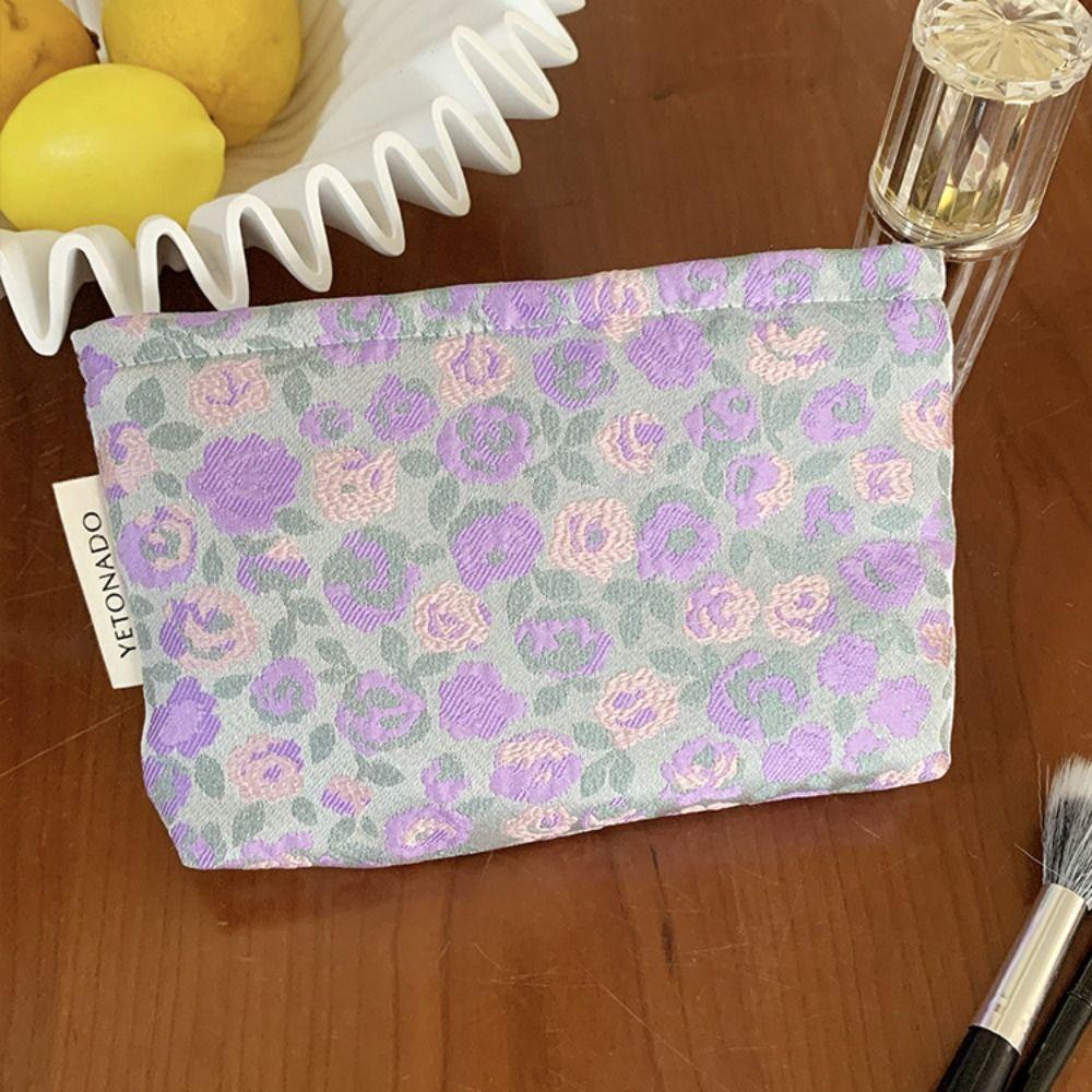 Polyester Canvas Flower Clutch Bag Flower Pattern Zipper Closure Cosmetic Storage Pouch Large Capacity Portable Makeup Bag
