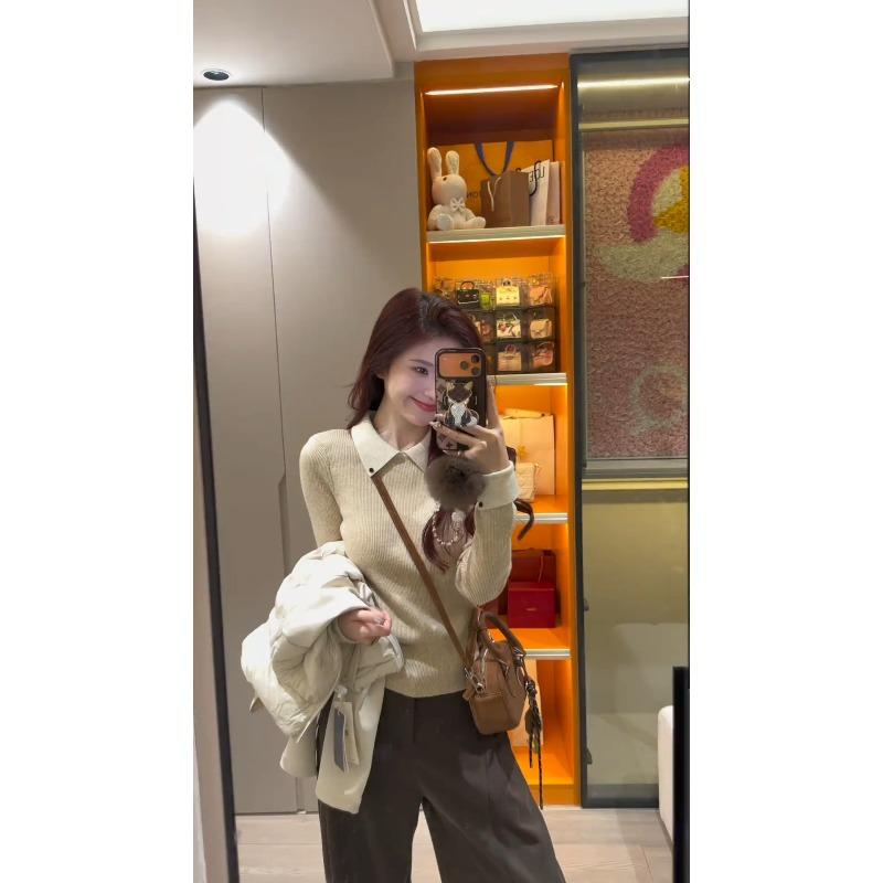 High-end Contrasting Color Collar Lapel Knitted Sweater Autumn and Winter Top Slim Shoulder Inner Long-sleeved Women's Soft Waxy Sweater