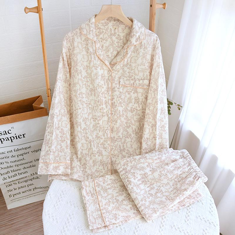 Women's Autumn Long Sleeve Cotton Floral Crinkle Fabric Plus Size Homewear Set