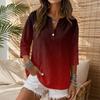 Women Casual Gradient Print V Neck Button Three Quarter Sleeve Shirt Linen Blend Top Lightweight Relaxed Fit