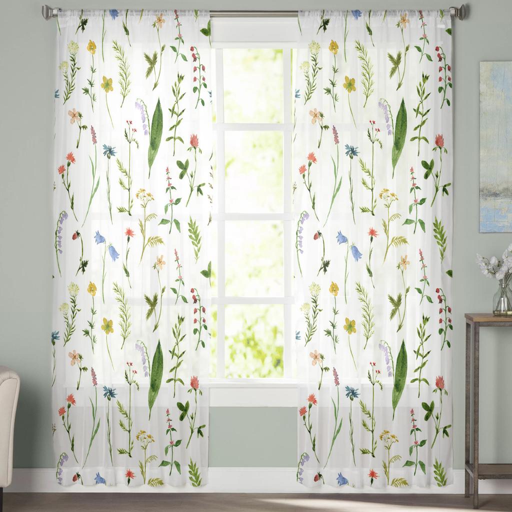 Watercolor Painting Flowers Leaves Tulle Curtains For Living Room Sheer Curtain Bedroom Voile Decorative Window Treatments