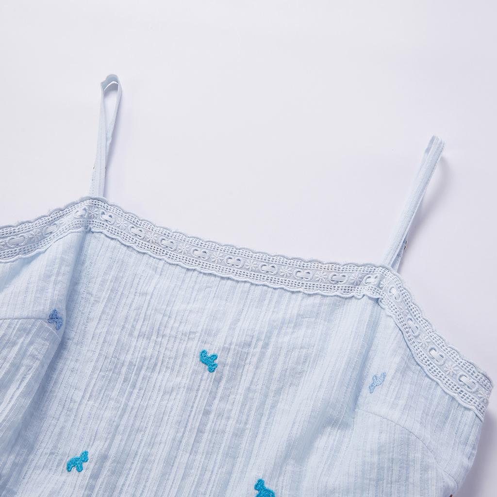 Fragrant Shadow French Blue Strap Dress for Women, 2026 Summer New Style, Floral Embroidery A-line Skirt, Vacation Fairy Skirt