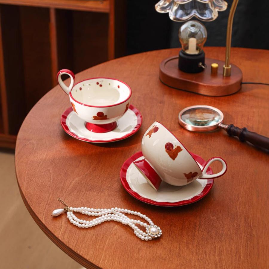 Cute antenna cherry bear coffee cup saucer premium medium and ancient style afternoon teacup latte cup water cup birthday gift