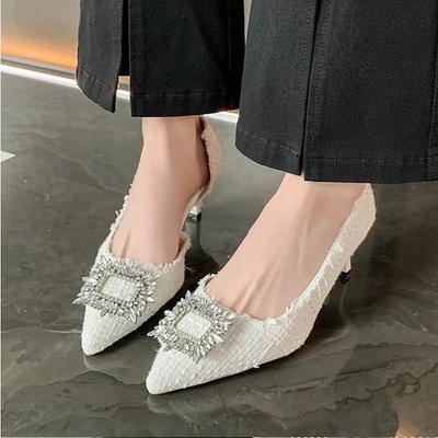 Design alb, cu strasuri, pantofi pentru femei, modă de primăvară, cu vârf ascuțit, cu toc înalt, pantofi eleganti de lucru pentru femei