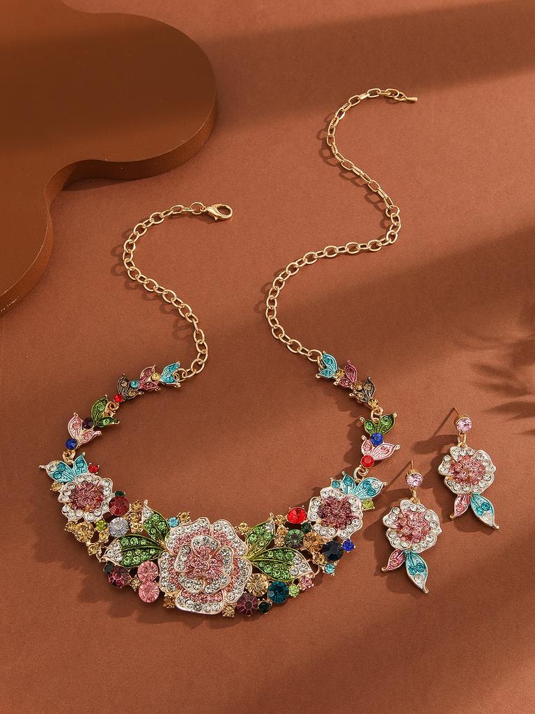 Mother’s Day Zircon Gift:Luxury 3Pcs Rhinestone Flower Set for Women,Elegant Necklace&Dangle Earrings for Party Wedding Banquet